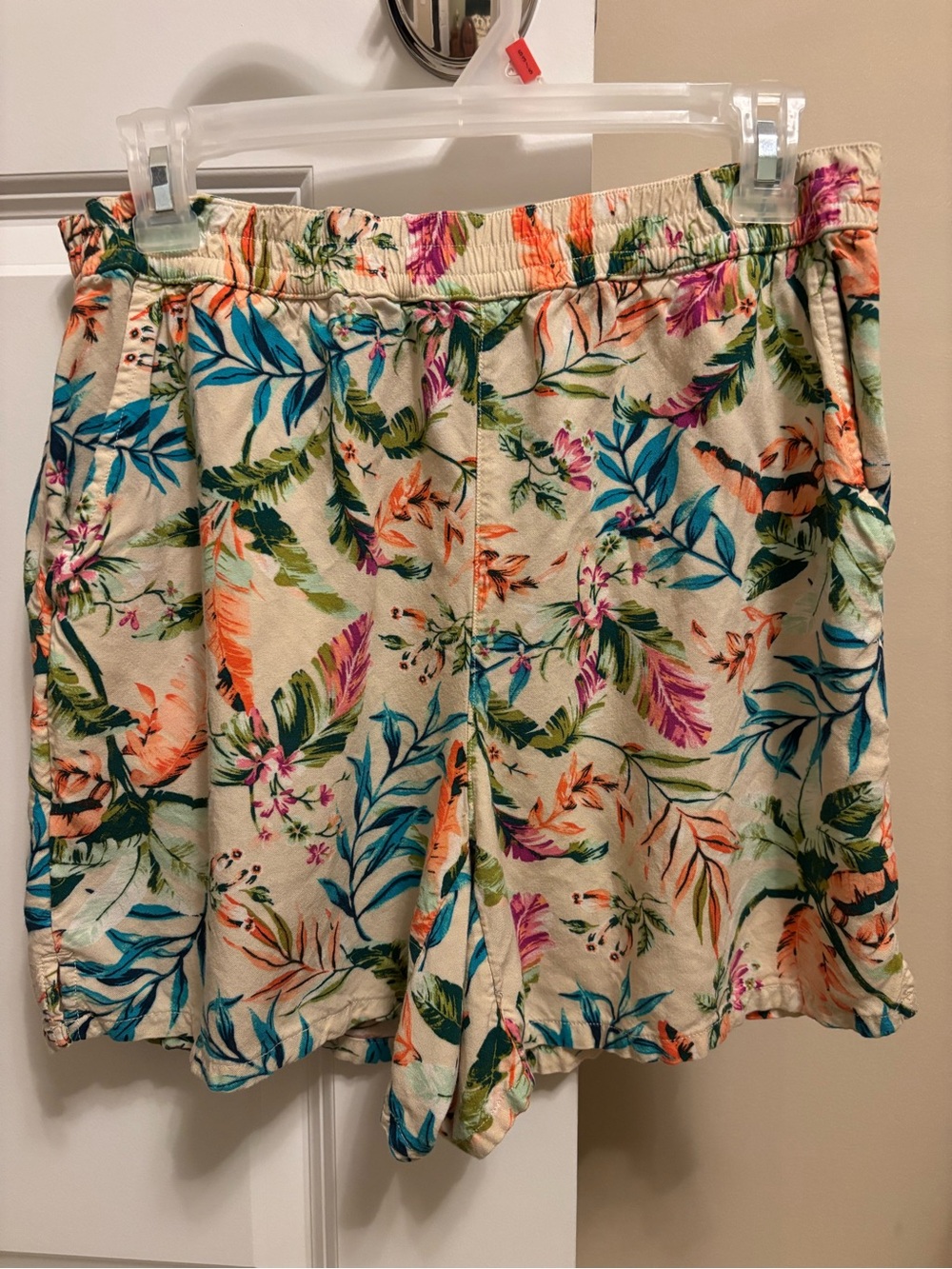 Lands' End Cream Tropical Floral Elastic-Waist Shorts